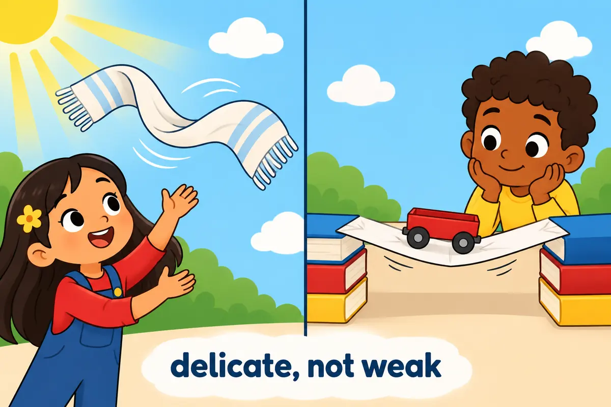 A cartoon split scene contrasts a lovely sheer scarf drifting in sunlight with a broken paper bridge collapsing under a toy.