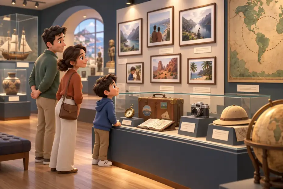 A museum gallery displays travel objects and family photographs.