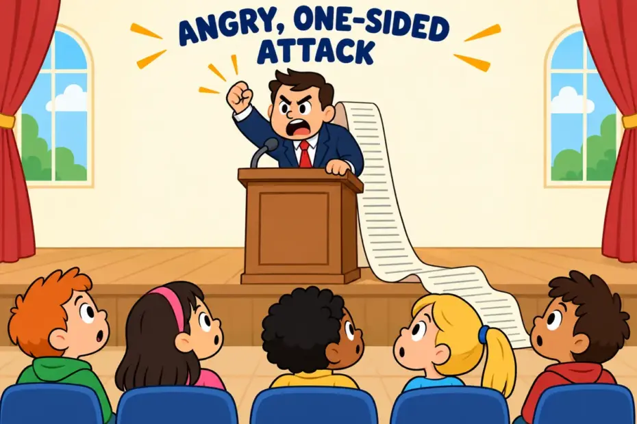 Cartoon speaker thumps a lectern with an angry face, showing diatribe in a sentence as a bitter one-sided attack.