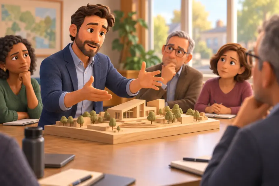 A speaker delivers forceful criticism during a meeting.