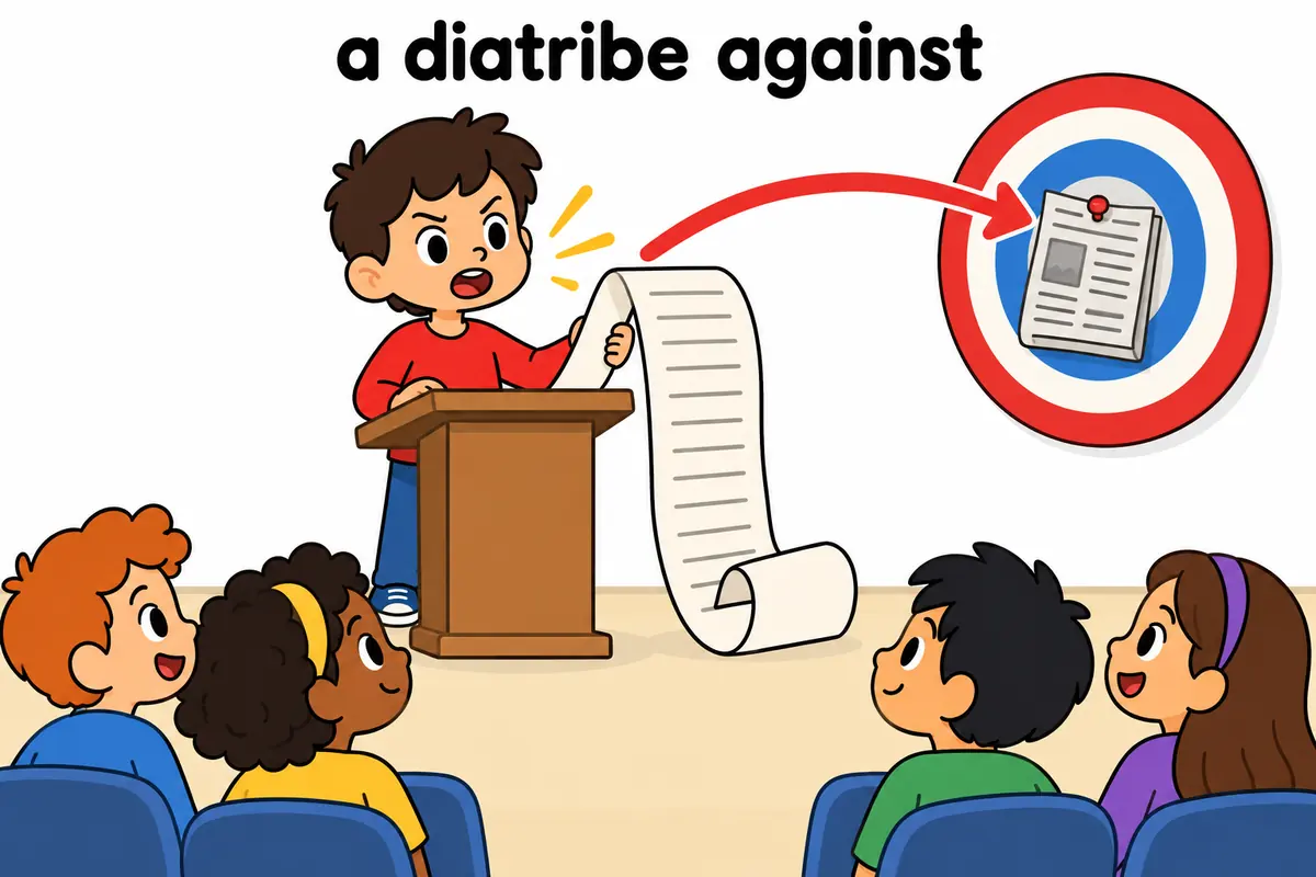 Cartoon speaker pounds a lectern while an arrow points from the words a diatribe to a labelled target.