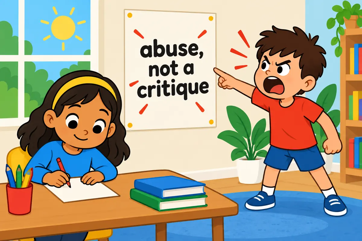 One unified cartoon scene illustrates A diatribe is a sustained attack, while a critique weighs both sides.