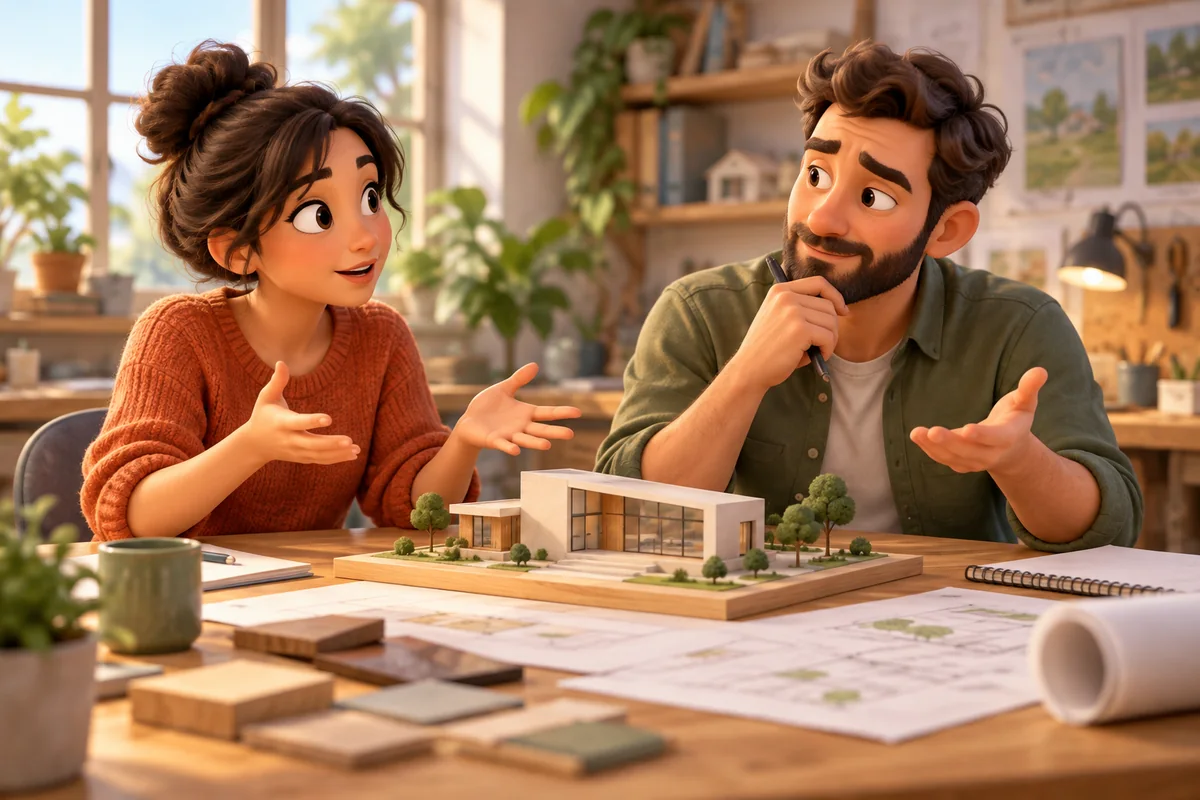 Two people discuss a design with a measured tone.