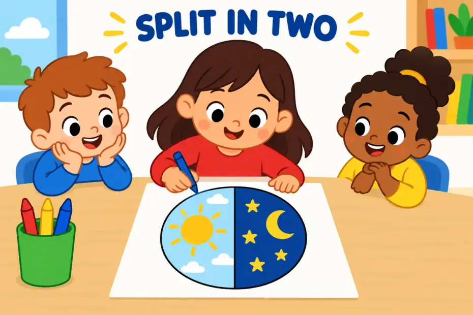 One diagram contrasts day and night as opposites, illustrating dichotomy in a sentence as a division into two sides.