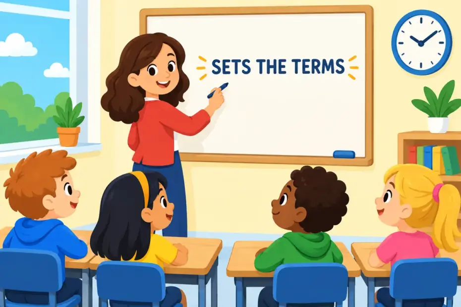 A cartoon teacher writes a class rule on a board while pupils listen, showing dictate in a sentence as setting terms with authority.