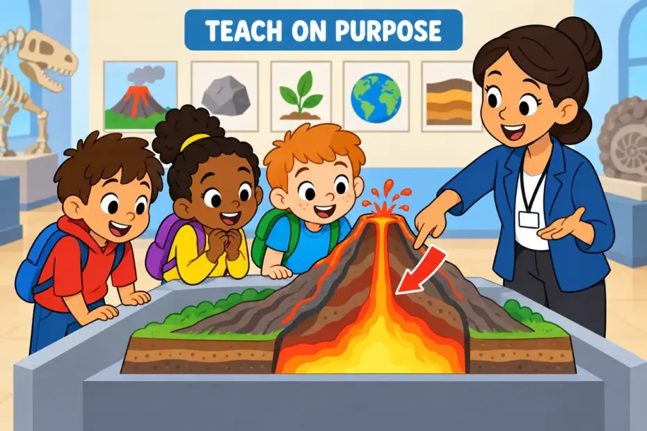 Cartoon children gather around a bright museum display, showing didactic in a sentence as an exhibit built to teach.
