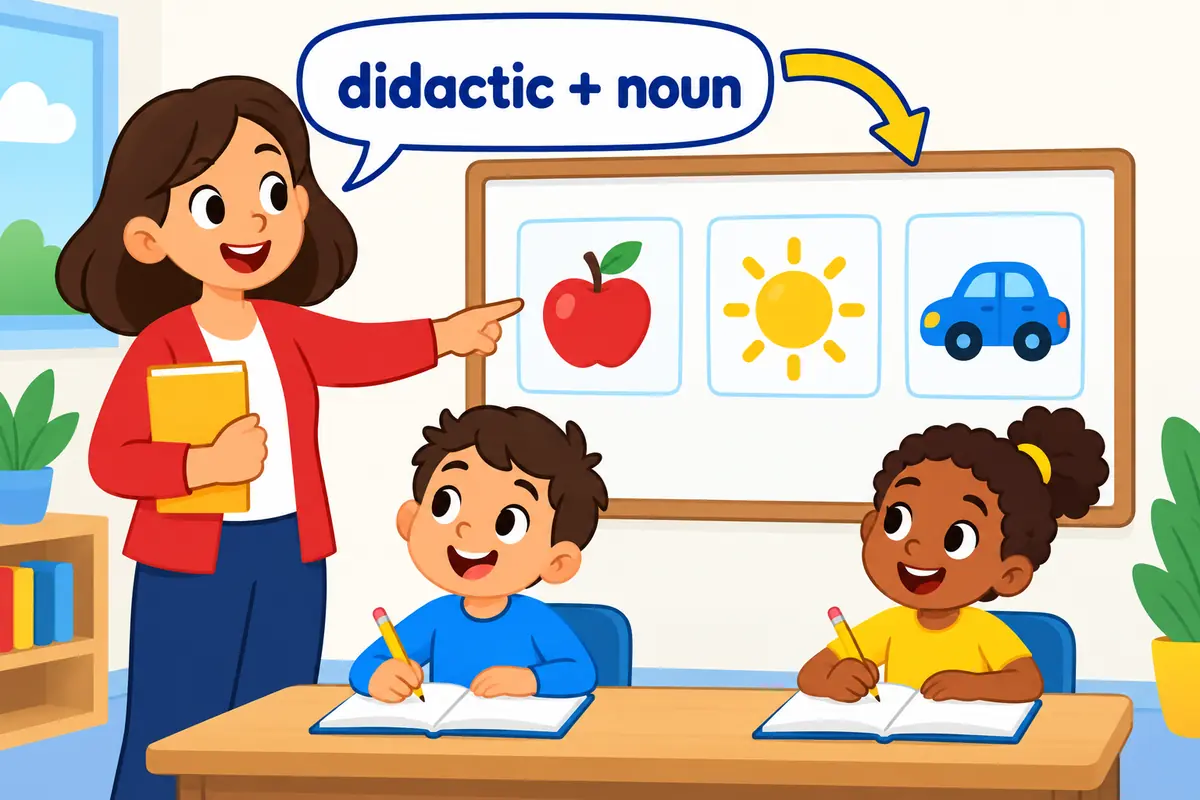 A teacher points to picture cards on a classroom board while pupils take notes, with didactic + noun shown in the teacher’s speech bubble.