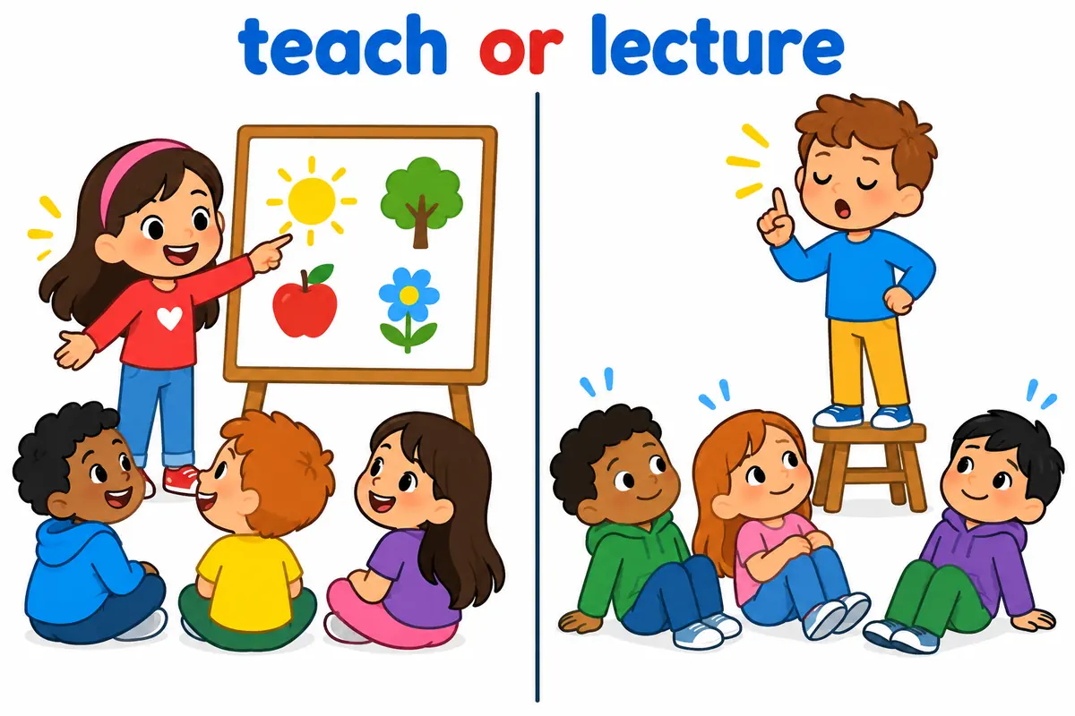 A split cartoon compares a child teaching with a pointer beside a child lecturing with a wagging finger.