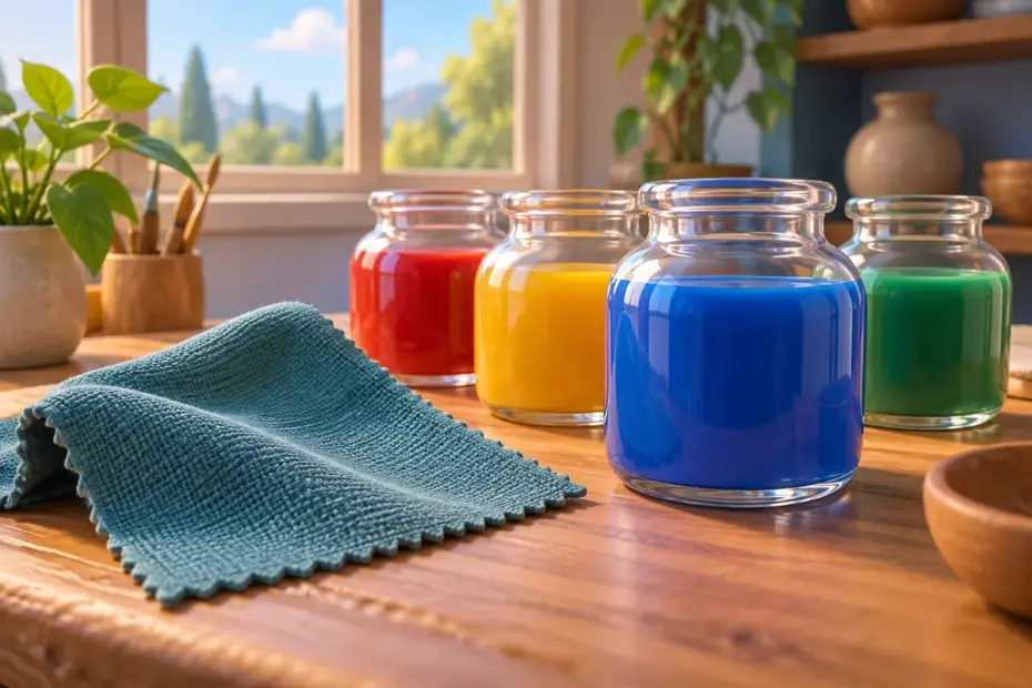 A fabric swatch rests beside jars of plain colored liquid.