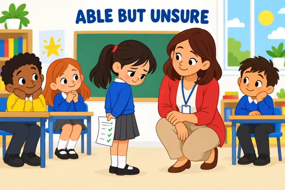 A cartoon pupil steps forward to speak but looks down, showing diffident in a sentence as quiet self-doubt.