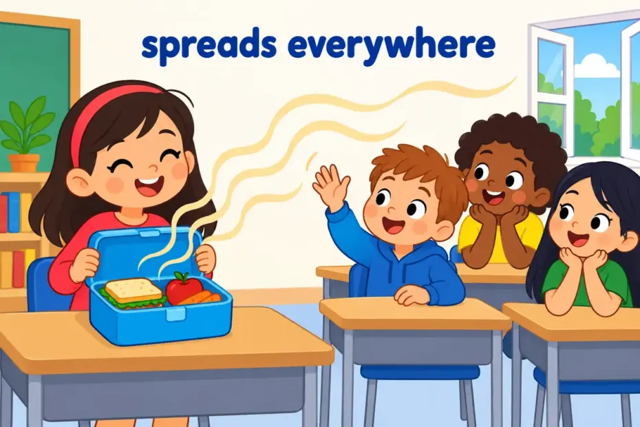 Cartoon children watch a scent drift from an open lunchbox across the whole classroom, showing diffuse in a sentence as spreading outward.