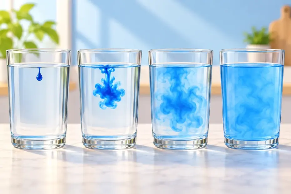 A blue drop of dye spreads in soft cloudlike swirls through a clear glass of water.