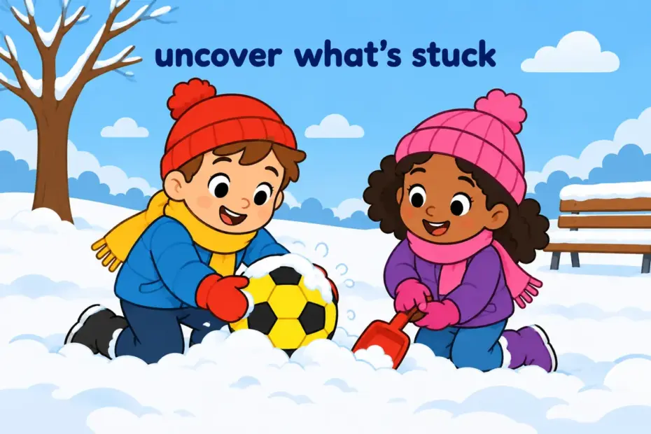 Cartoon children dig a football out of a snowdrift with gloved hands, showing dig out in a sentence as freeing something buried.