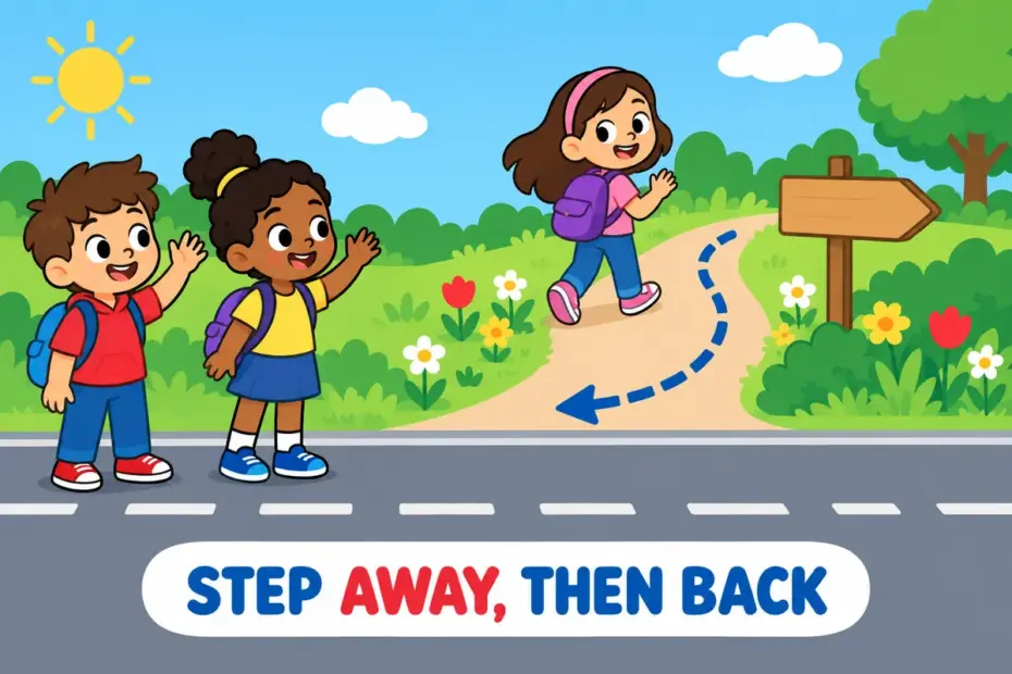 Cartoon pupils watch a classmate leave the main path for a side trail, illustrating digress in a sentence as a brief departure.
