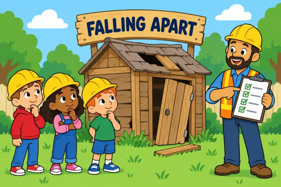 Cartoon children look at a sagging old shed, showing dilapidated in a sentence as a building worn down by neglect.