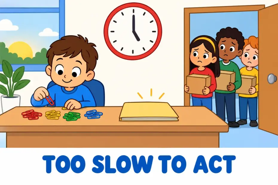 Cartoon children wait as one pupil slowly sharpens a pencil while a clock shows time passing, showing dilatory as a blameful delay.