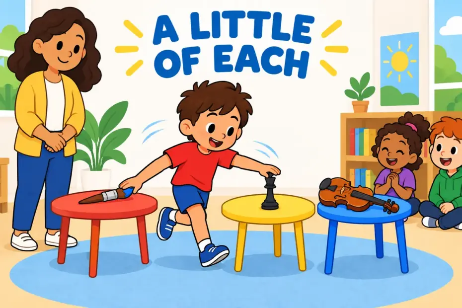Cartoon children flit between several hobby tables, showing dilettante in a sentence as sampling many interests without depth.