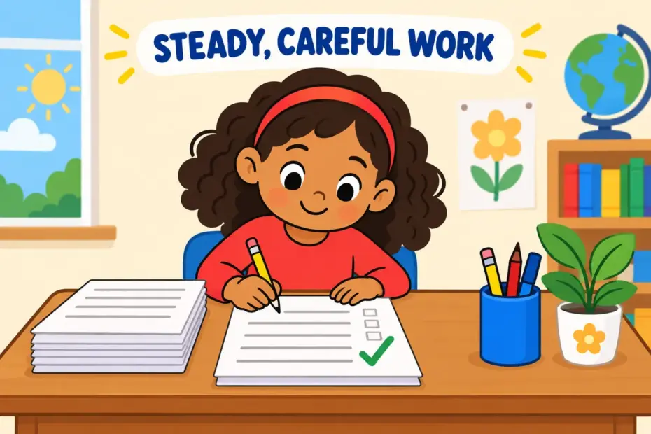 A cartoon pupil works through a stack of worksheets at a tidy desk, showing diligent in a sentence as steady, careful effort.