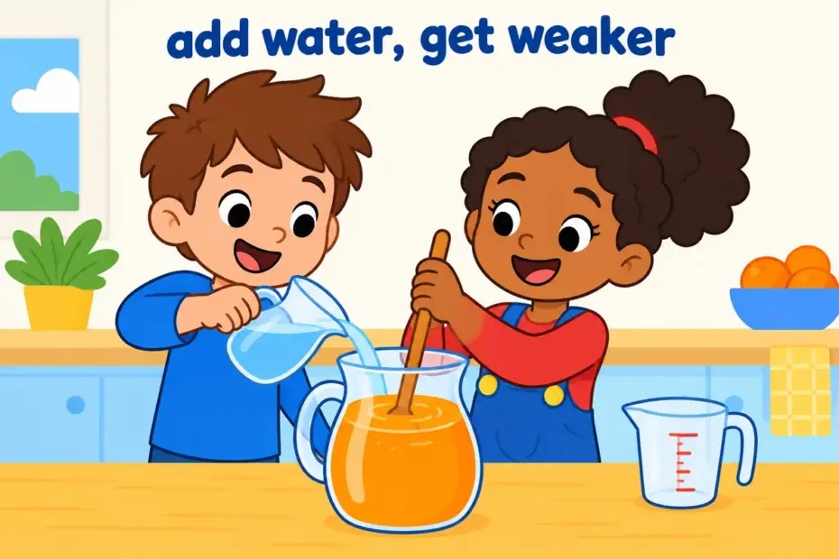 Cartoon children pour water into a jug of squash, showing dilute in a sentence as making a liquid weaker.