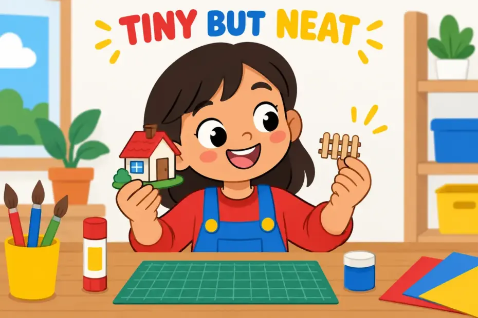 A cartoon child holds a diminutive model house in one hand, showing diminutive in a sentence as very small and neat.