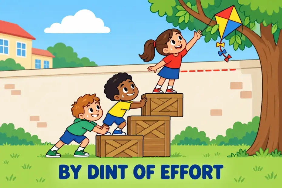 Cartoon pupils stack crates to reach a kite, showing dint in a sentence as effort that earns a result.