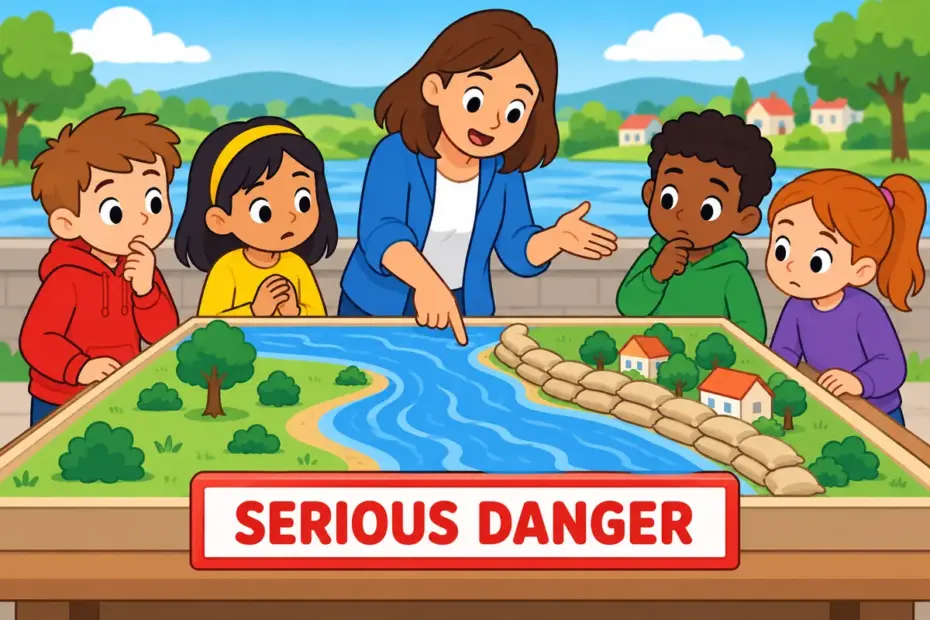 A serious risk in a river model illustrates dire in a sentence as threatening harm.