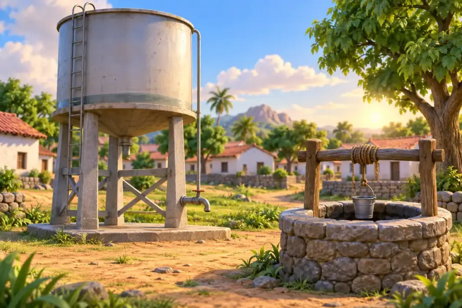A water tank stands beside a village well.
