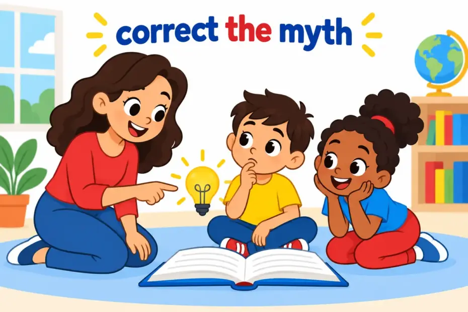 Cartoon teacher gently corrects a puzzled child, showing disabuse in a sentence as freeing someone from a wrong idea.