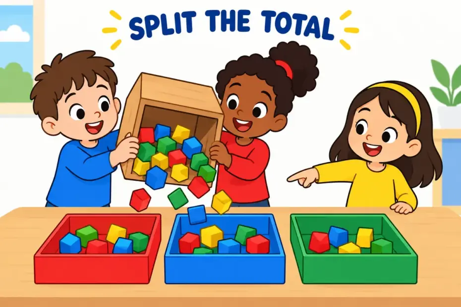 Cartoon children tip one big crate of blocks onto three smaller trays, illustrating disaggregate in a sentence as splitting a total.