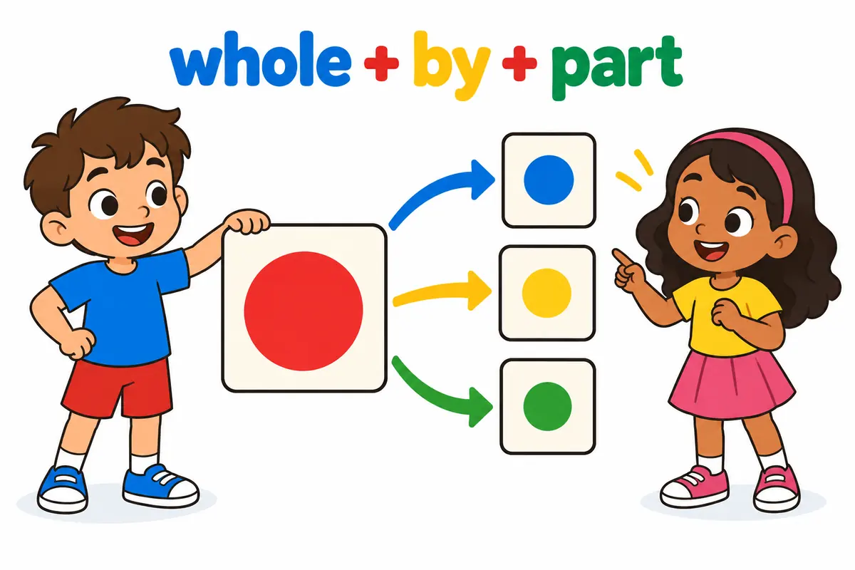 Cartoon cards show a single big crate joined by arrows to three smaller labelled crates, modelling the disaggregate by pattern.