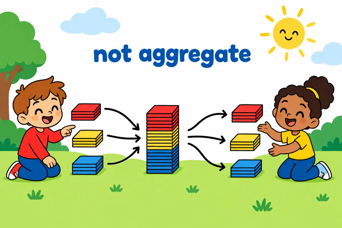 A single scene contrasts arrows merging cards into a pile with arrows splitting a pile into cards, showing disaggregate against aggregate.