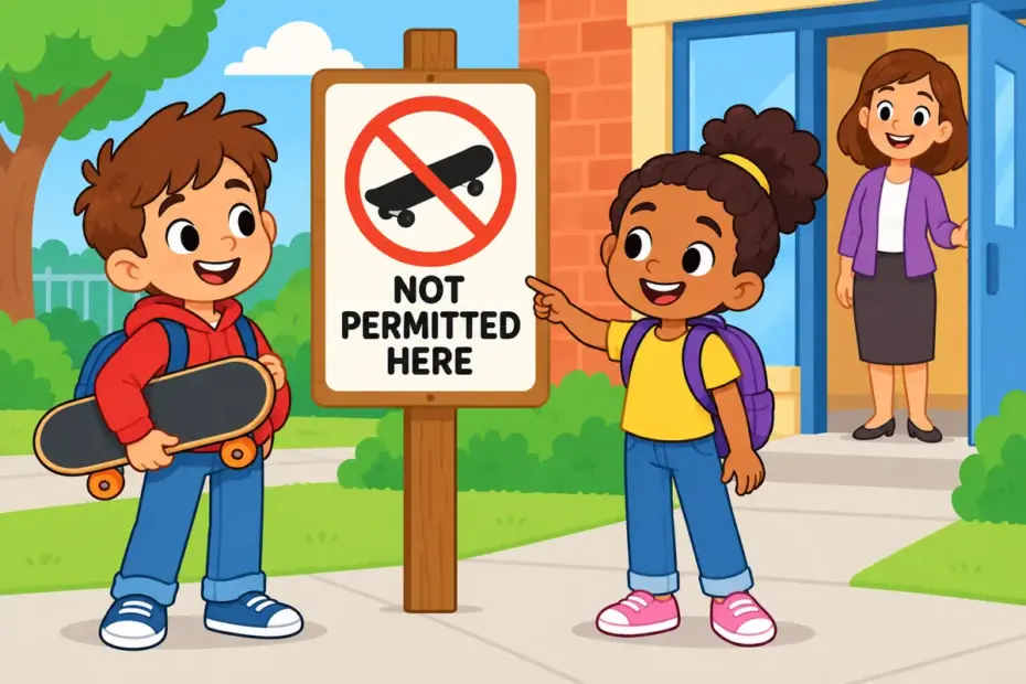 Cartoon children read a yard sign that disallows skateboarding, showing disallow in a sentence as a rule refusing permission.
