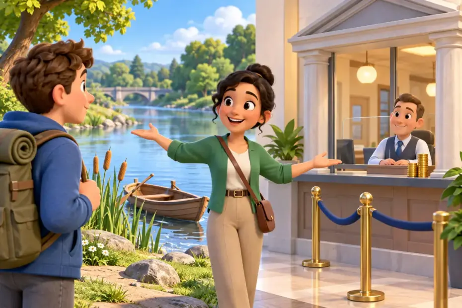 A guide helps a visitor distinguish a riverbank from a financial bank by pointing out the surrounding scene.