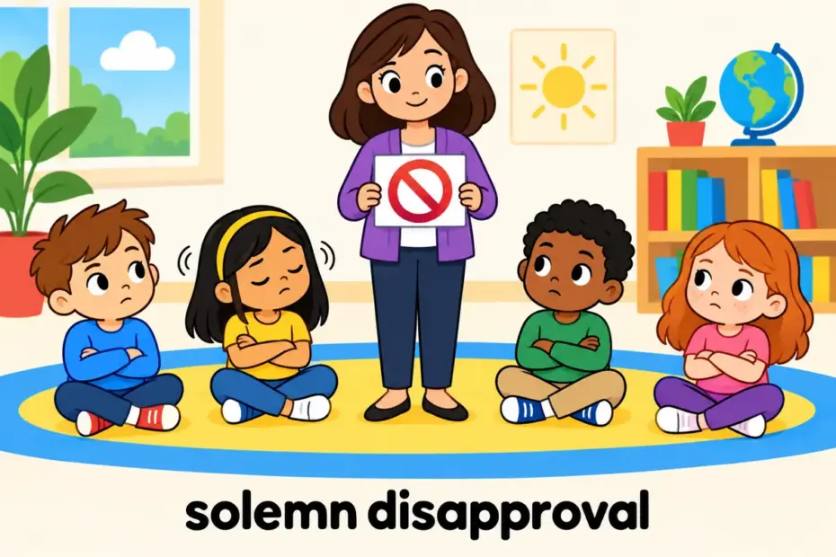 Cartoon children sit quietly with serious faces as a teacher reads a rule, showing disapprobation in a sentence as strong moral disapproval.