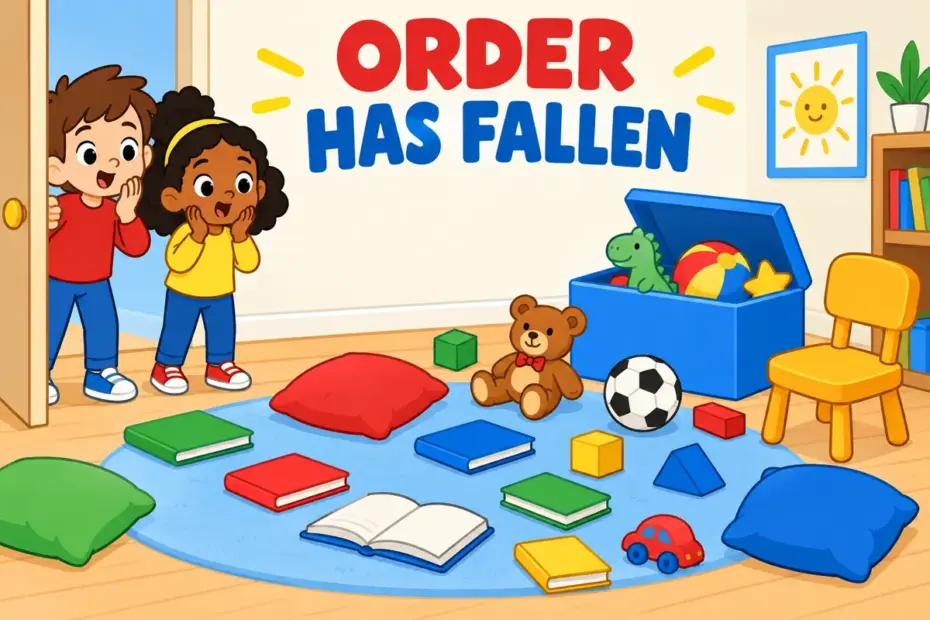 Cartoon children look at scattered books and toys across a room, illustrating disarray in a sentence as lost order.