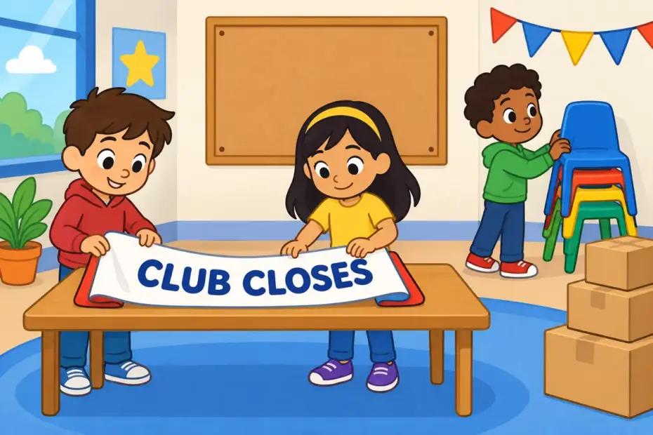 Cartoon children fold a club banner and stack chairs as their group disbands, illustrating disband in a sentence.