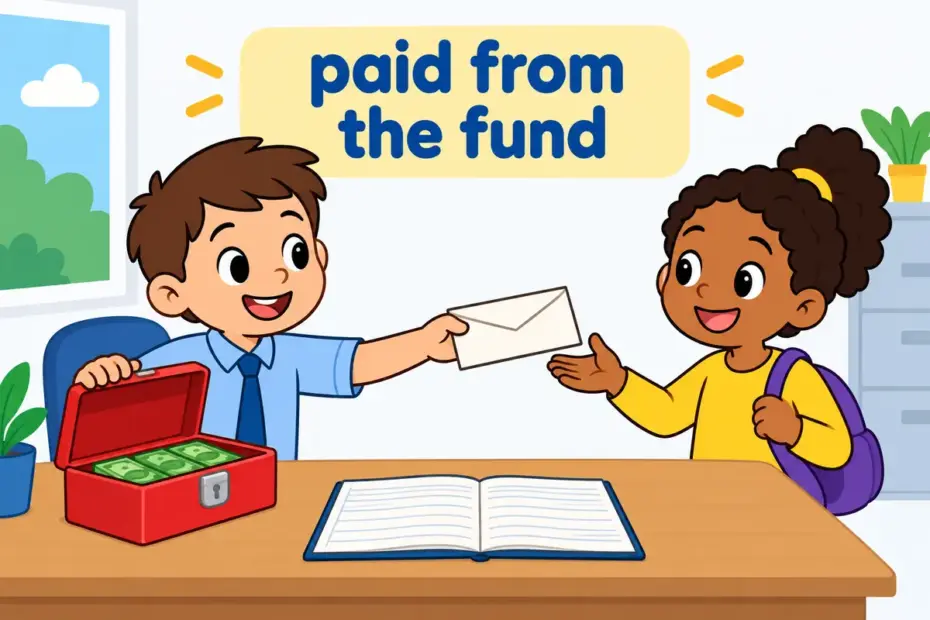 Cartoon officials hand sealed grant envelopes across a desk, showing disburse in a sentence as money paid out of a fund.