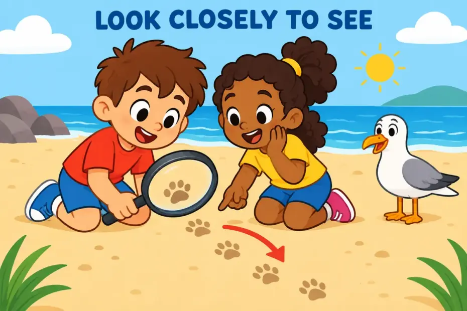 Cartoon children study faint paw prints in soft sand with a magnifying glass, showing discern in a sentence as seeing what is not obvious.