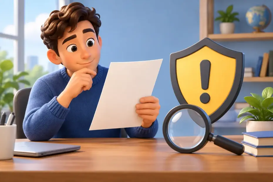A reader examines a document with a magnifying glass and caution shield.