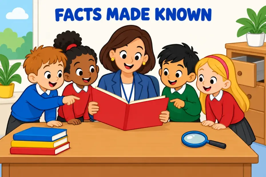 Cartoon pupils watch a head teacher open a folder and share its contents, showing disclose in a sentence as making facts known.