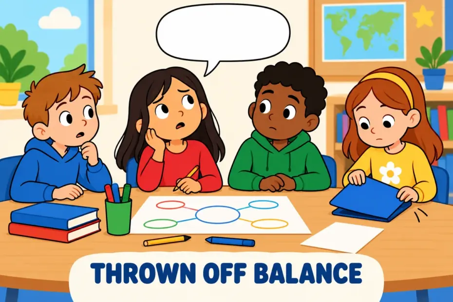 A cartoon pupil looks uneasy as classmates fall silent, showing disconcert in a sentence as a quiet loss of composure.