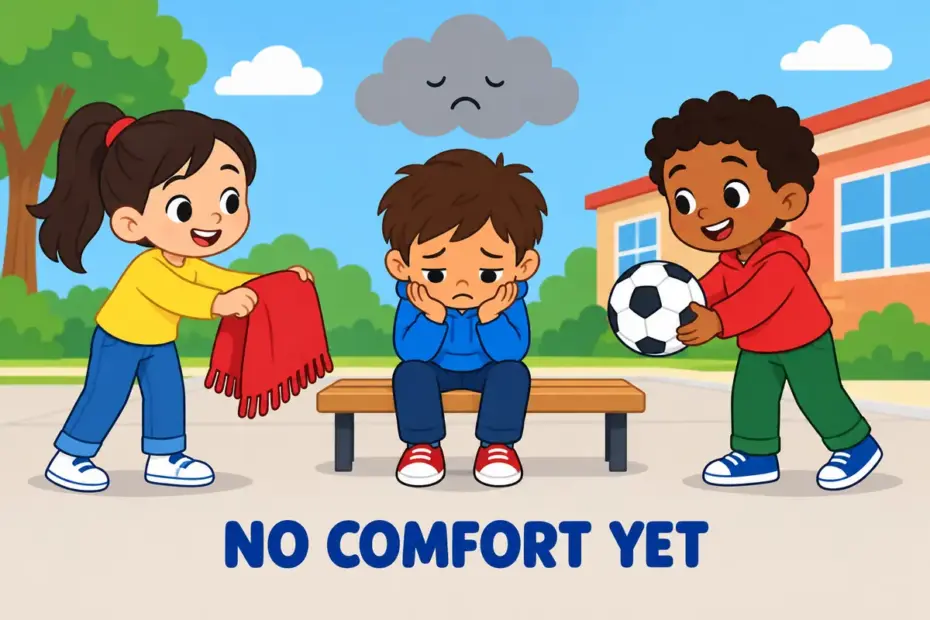 Cartoon children sit quietly with a friend who looks down, showing disconsolate in a sentence as grief that comfort cannot reach.