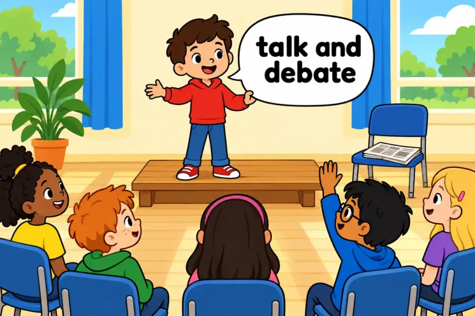 Cartoon figures speak from a low platform to a seated audience, illustrating discourse in a sentence as public, structured talk.