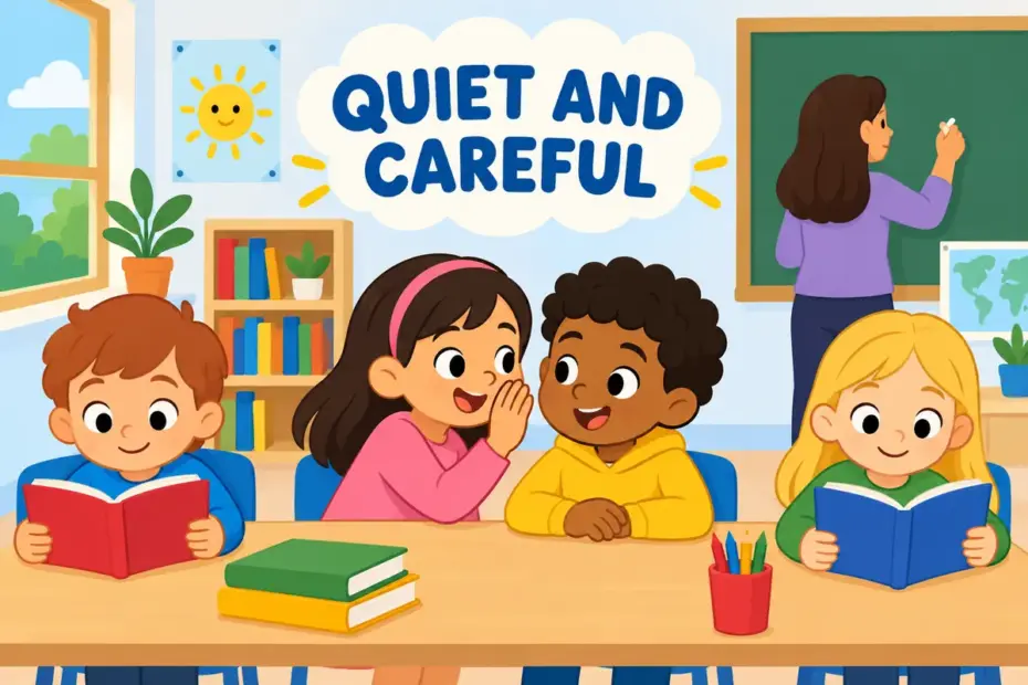 Cartoon child whispers a private message behind a cupped hand while classmates work nearby, showing discreet in a sentence.