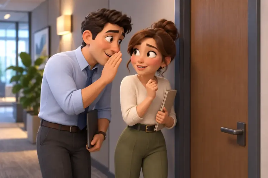 Two people speak beside a closed office door.