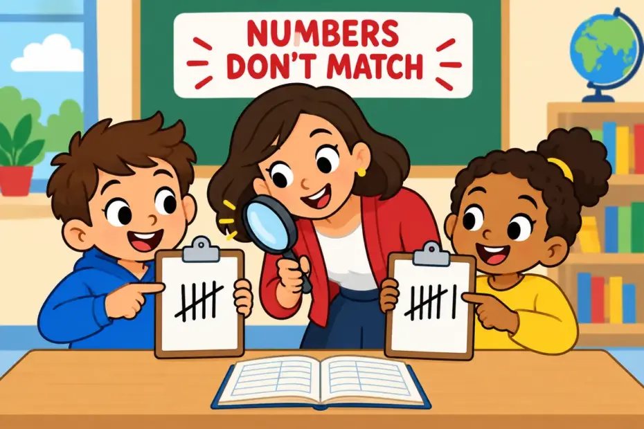 Cartoon pupils compare two clipboards and spot a mismatch, showing discrepancy in a sentence as figures that fail to agree.