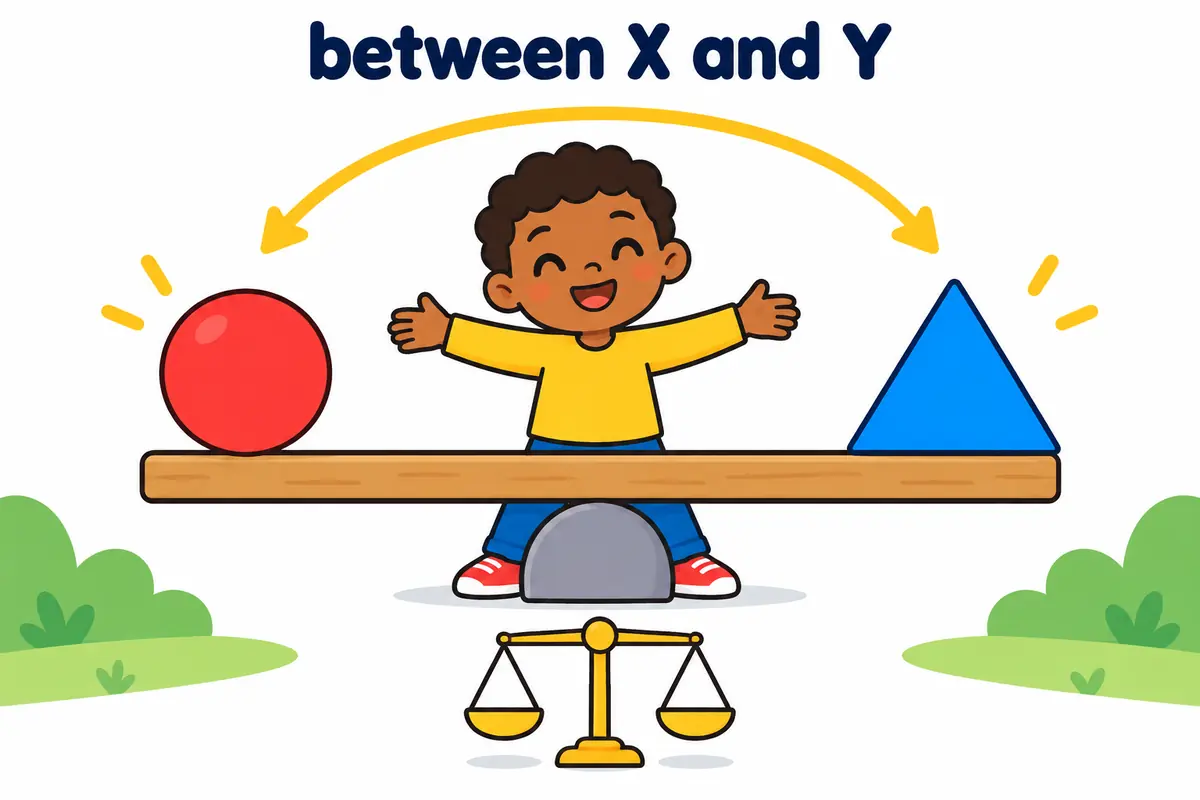 A child balances a red circle and blue triangle on a beam, with an arrow linking the two sides under “between X and Y”.