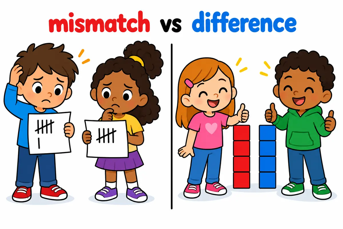 A cartoon split scene contrasts two mismatched tally sheets with two differently coloured but matching sets of blocks.