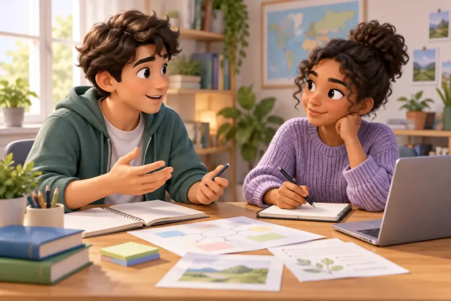 Two students discuss a project at a table, sharing notes and listening to one another.