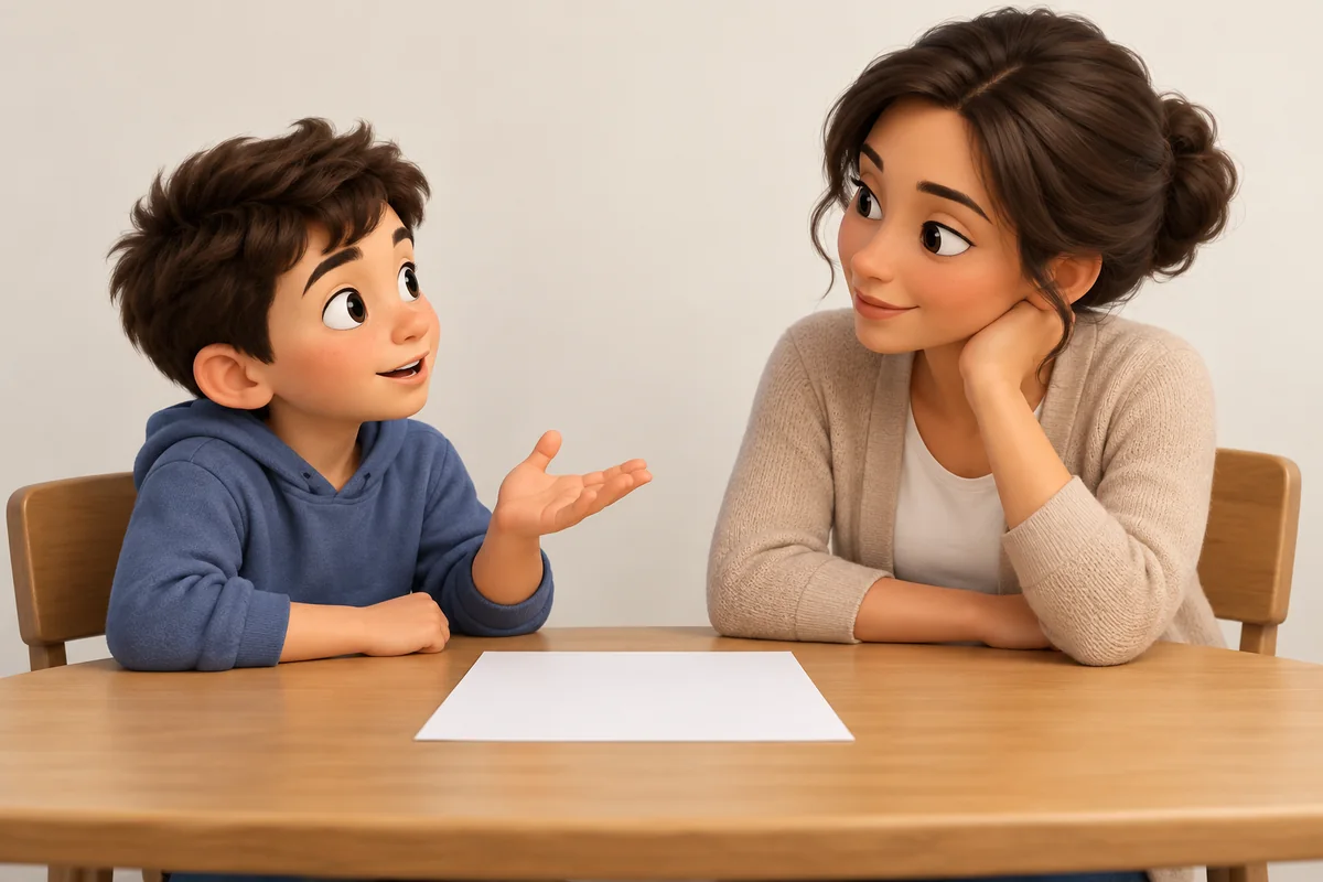 A student asks a teacher a question across a table with a blank sheet of paper between them.